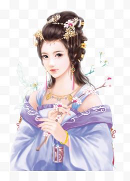 浅紫色衣裙手拿着梅花古风美女