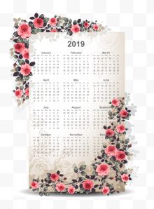 2019玫瑰花边框日历...