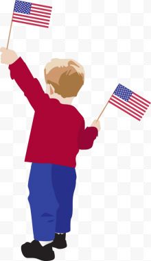 手拿美国国旗的男孩背影
