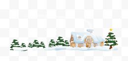 卡通绘制的落满积雪的小屋...