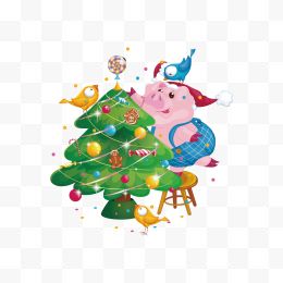 卡通小猪与圣诞树