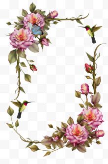 蔷薇植物花朵边框小鸟