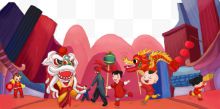 春节街头舞狮庆祝装饰插画