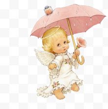 手拿粉色雨伞的白色天使