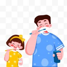 刷牙的卡通父女