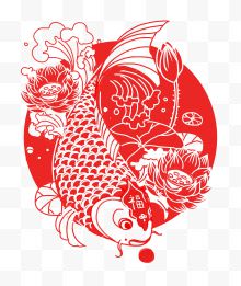 春节红色喜庆鲤鱼剪纸手绘插画