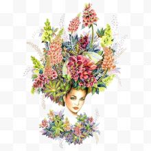 手绘女人时尚服装设计花卉植物