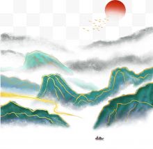 金边绿色山川白云红日大雁小船插画