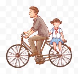 父亲节父亲骑车带小孩上学卡通手绘