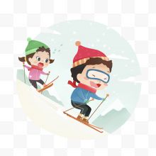 雪天滑雪的2个小孩...