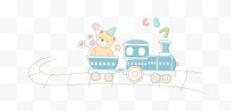 卡通手绘小熊坐蓝色小火车...