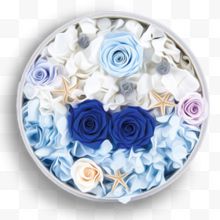 灰色盘装的蓝白色花朵...
