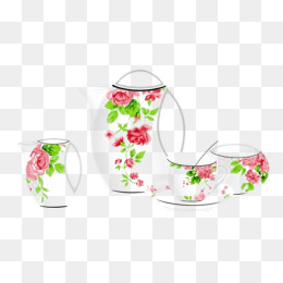 一套印红色鲜花的茶具