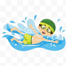 绿色水中游泳的卡通男孩