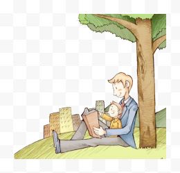 卡通树下看书的父子插画