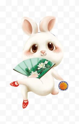 中秋节可爱手绘小白兔荷花扇子