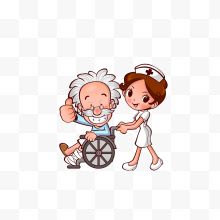 卡通用轮椅推着骨折老人的护士素