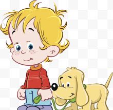 可爱卡通人物牵着黄狗的小男孩