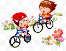 花丛中骑自行车的卡通小朋...