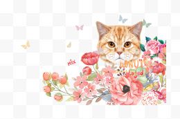 花丛中的猫咪手绘卡通背景