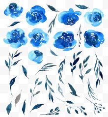 水彩蓝色鲜花树叶