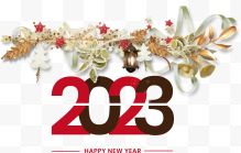 2023新年快乐金色松枝装饰