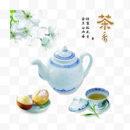 蓝色花边的茶具和蛋糕