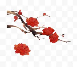 唯美手绘中国风红色花朵在...