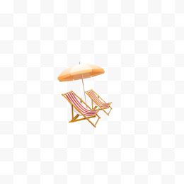 黄色户外伞和海边躺椅...