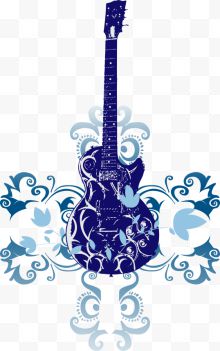 蓝色吉他蓝色花纹矢量...