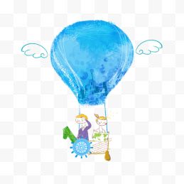 蓝色手绘热气球与男孩女孩