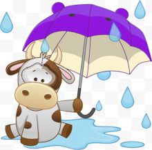 卡通下雨拿雨伞的牛...