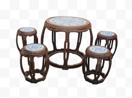 清老红木藤纹镶瓷板五开光鼓形圆桌凳