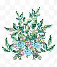 手绘蓝色花朵与绿叶装饰