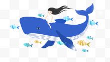 卡通手绘坐在蓝色鲸鱼身上...