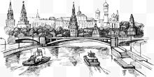 手绘线稿欧洲河道建筑