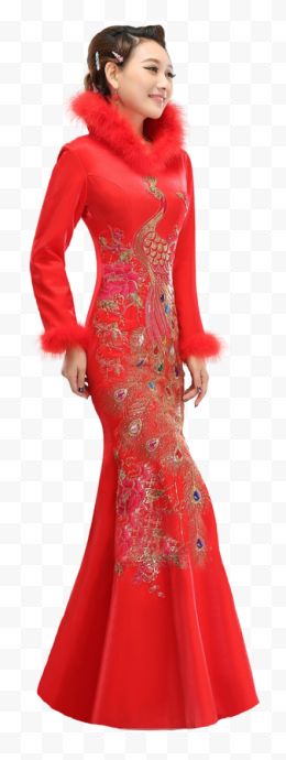 冬装红色旗袍长款新娘服美女侧面