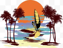 夏季海滩矢量椰子树冲浪...