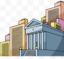 手绘卡通彩色城市中的银行背景