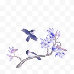 紫色清新花枝小鸟装饰图案