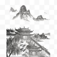 清明节水墨风山水画