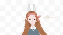 卡通戴兔耳朵的女孩...