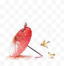 群鸟围绕的散落的红色油纸伞