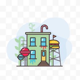 棒棒糖汉堡的食品房屋插画