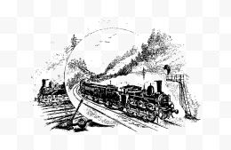手绘黑白原始欧洲火车