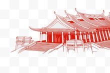 红色手绘闽南建筑