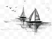 黑色水墨湖面帆船