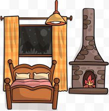 卡通有壁炉的卧室