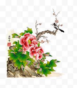 中国画喜鹊牡丹花卉...