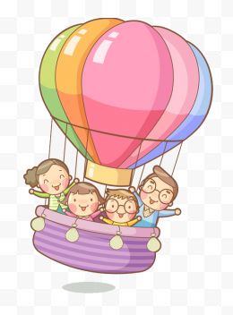 卡通四个坐在热气球上开心...